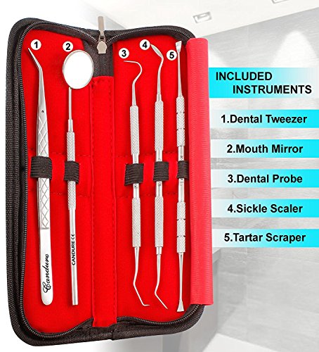 Candure Dental Tools Kit 5 Pcs Oral Care Dental Pick Hygiene Set with Tooth Tarter Scraper Plaque Remover Dentist Mirror and Scaler Stainless Steel - Thumbnail 4