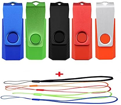 JUANW 5PCS 16GB USB 2.0 Flash Drive With Lanyards Swivel Thumb Drive (5 Colors Mixed: Black Blue Green Orange Red)