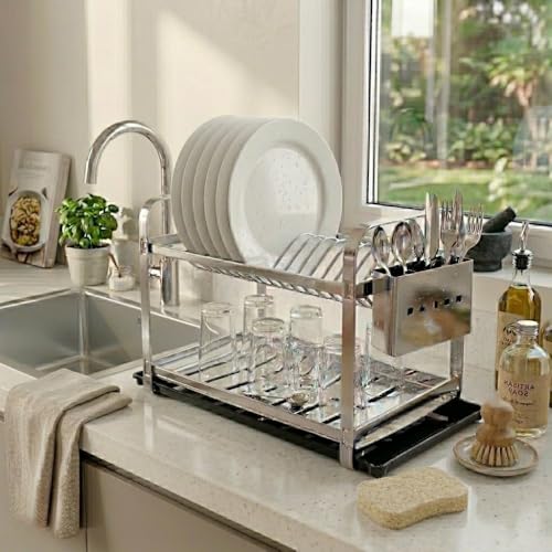 Escorredor de Pratos 2 Andares em Aço Inox com Suporte Removível para Talheres Capacidade para até 16 Pratos (Com Bandeja)