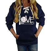 Sunidol Women's V Neck Long Sleeve Baseball Hoodie Sweatshirt Pullover Loose Mom Shirt