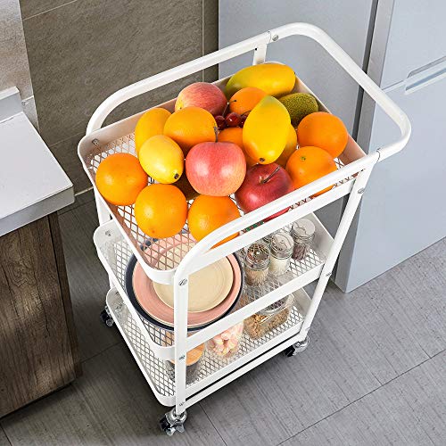 YOHOM 3 Tier Metal Rolling Cart Storage Shelves Mesh Utility Trolley Cart with Wheels Handle Craft Art Carts Organizer for Bathroom Kitchen Office Laundry Classroom White