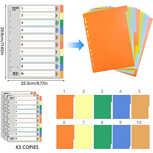 MAKINGTEC A4 Index Paper, 1 to 10 Tab Dividers, Extra Wide File Dividers, Dividers for 2/3/4 Ring Binders, Multi-Coloured 11 Holes Inserts 1-10 Classification Index Paper for Office Home School 3 Pack