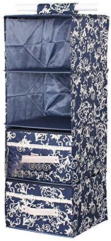 Sivin 4-Shelf Hanging Closet Organizer with 2 Drawers,Collapsible Hanging Wardrobe Storage Bags for Clothes,Pants,Shirts,Sweaters,11.8"x11.8"x31.5"(Blue)