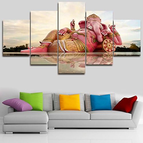 Big Wall Paintings for Bedroom 5 Panel Wall Art Ganesha Indian Elephant Canvas Art Pictures Artwork Home Decor Painting Modern Framed Posters and Prints Gallery-wrapped Ready to Hang(60''Wx32''H)