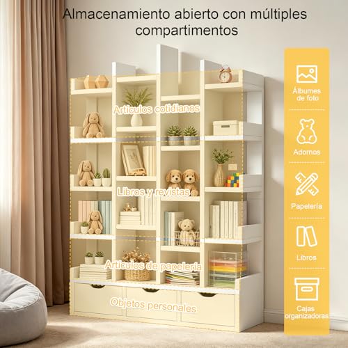 KINTOP Librero Organizador de 5 Niveles, Librero Esquinero con 3 Cajones y 20 Compartimentos, Libreros de Madera Minimalista para Hogar, Oficina y Dormitorio（Blanco 79.3 x 18 x 151 CM）