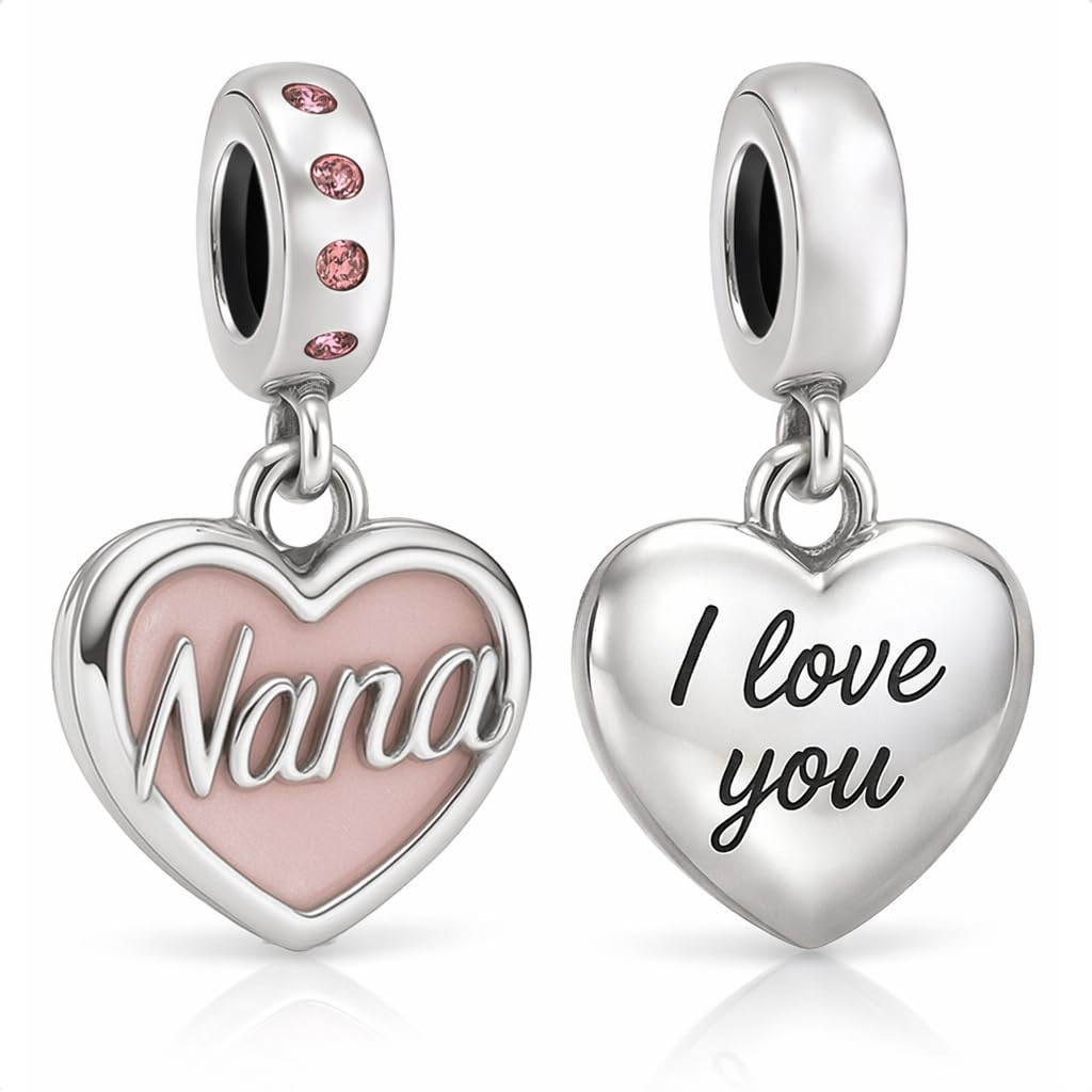 I Love You Nana Heart Pendant Charm for Pandora Moments Bracelet & Necklace 925 Sterling Silver Pink Crystals Women Her Nan Nanna - Happy Birthday Gift Box