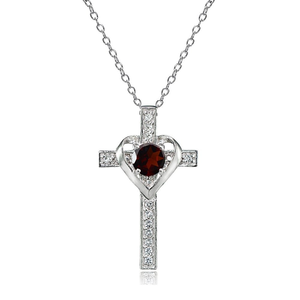 B. BRILLIANTSterling Silver Genuine or Synthetic Gemstone Heart in Cross Necklace for Women