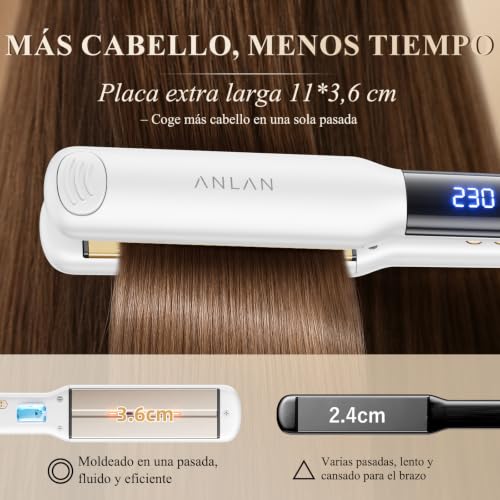 ANLAN Plancha de pelo iónica con luz roja, placas cerámicas flotantes 3D de 36 mm, Rápido 15s, 14 niveles, pantalla LCD, profesional e inteligente