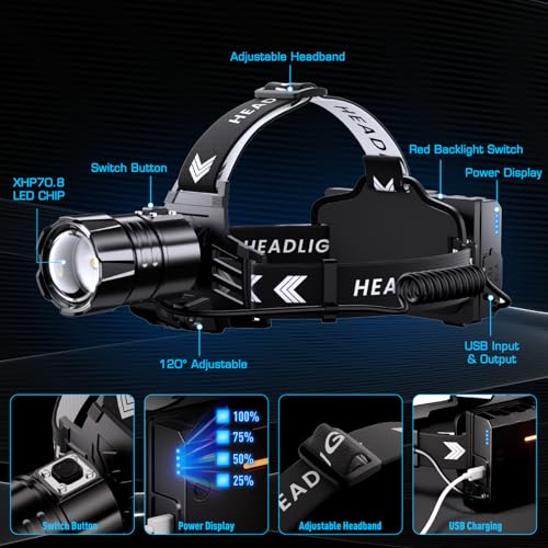 ET Head Torch Rechargeable, Super Bright 100000 LM LED Headlamp with 5 Modes & 30 Hours Runtime & IPX7 Waterproof & 120°Adjustable & Zoomable,Red Warning Headlight for Running Hiking Fishing Cycling