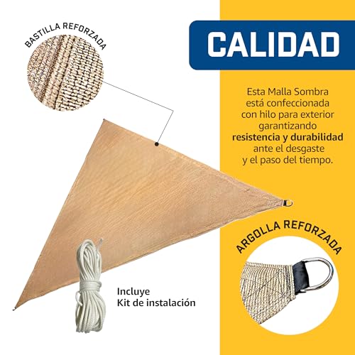 24tarpp Malla Sombra Velaria 3x3x3 - Triangular Beige - Mallasombra para Exteriores - Bastillas Dobles Reforzadas - Protección 90% Rayos UV - Fácil Instalación - Lonasombra - Velaria 3x3x3 Beige
