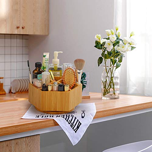 Bamboo Rotating Makeup Organizer, 360 Degree Spinning Cosmetic Storage with 7 Sections for Lipsticks, Eyeliners, Eyebrow Pencils, Jewelries, Hair Accessories, Skin Care Products and More.
