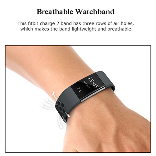 SWEES Silicone Sport Bands Compatible Fitbit Charge 2, Breathable Sport Replacement Bands with Air Holes Small & Large (5.7" - 8.3") for Women Men, Black, Grey, Navy Blue, Pink, White, Teal
