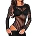 Shawhuwa Womens Sexy Sheer Striped Long Sleeve Bodysuit Tops Clubwear S Black 1
