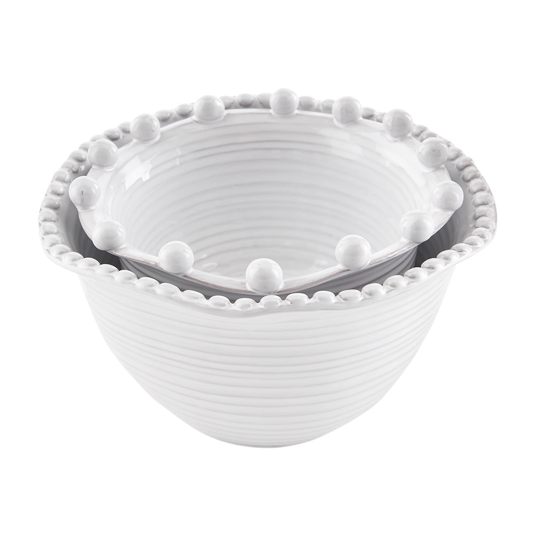 Photo 1 of ***DAMAGE ONE BEAD CHIP OFF -SELLING AS IS *** Mud Pie Beaded Side Bowl Set, White, small 4" x 7" dia | large 5" x 8 1/2" dia
