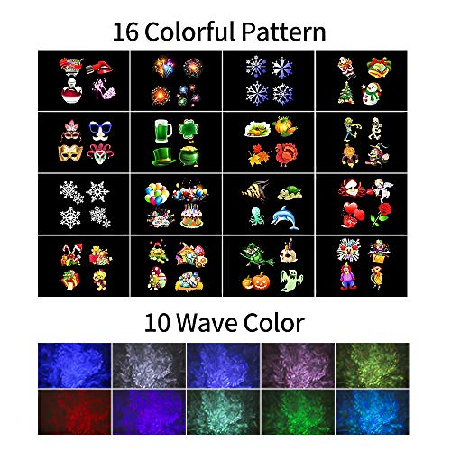 Christmas Projector Lights, 2-in-1 Moving Patterns with Ocean Wave LED Landscape Lights Waterproof Outdoor Indoor Xmas Theme Party Yard Garden Decorations, 16 Slides 10 Colors