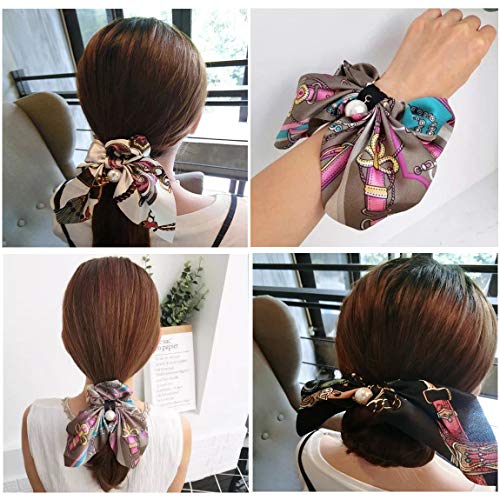 WillingTee 12 Pack Big Bow Hair Scrunchies Chiffon Elastic Hair Bands Bowknot Pearls Hair Ties Ponytail Holder Silk Scrunchies Hair Accessories for Women Girls Ladies