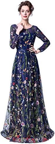 Risestaryiding Women's Dress Navy Blue Zipper Back Floral Embroidery Long Sleeves Evening Dresses (4, Navy Blue)