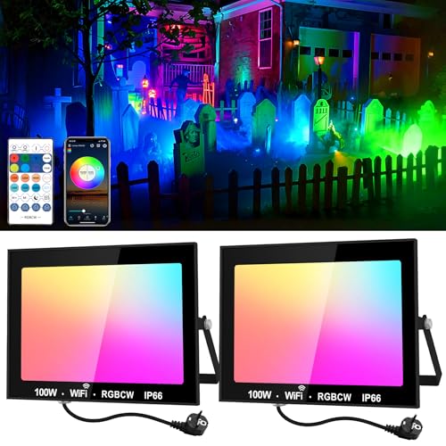 NATPOW RGB LED Spotlight, Outdoor LED Light 100 W LED RGB Projector Light with Bluetooth APP and Remote Control, IP66 Waterproof Colour-Changing Floodlight for Gardens, Patios (Set of 2)