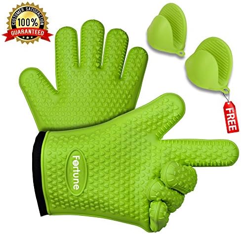 Silicone Grilling Gloves - Best Heat Resistant Oven Mitts For Cooking, Baking, BBQ &amp; Boiling Non-Slip Potholders with Internal Cotton Layer - Includes Mini Oven Mitt (Green)