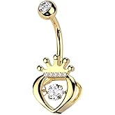Pierced Owl 14GA 316L Stainless Steel CZ Crystal Hollow Heart with Crown Belly Button Ring