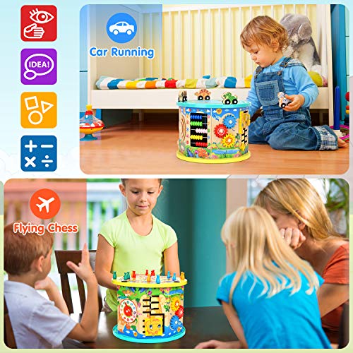 Victostar Activity Cube, 11 in 1 Dinosaur Bead Maze Multipurpose Educational Toy Wood Shape Color Sorter for Kids