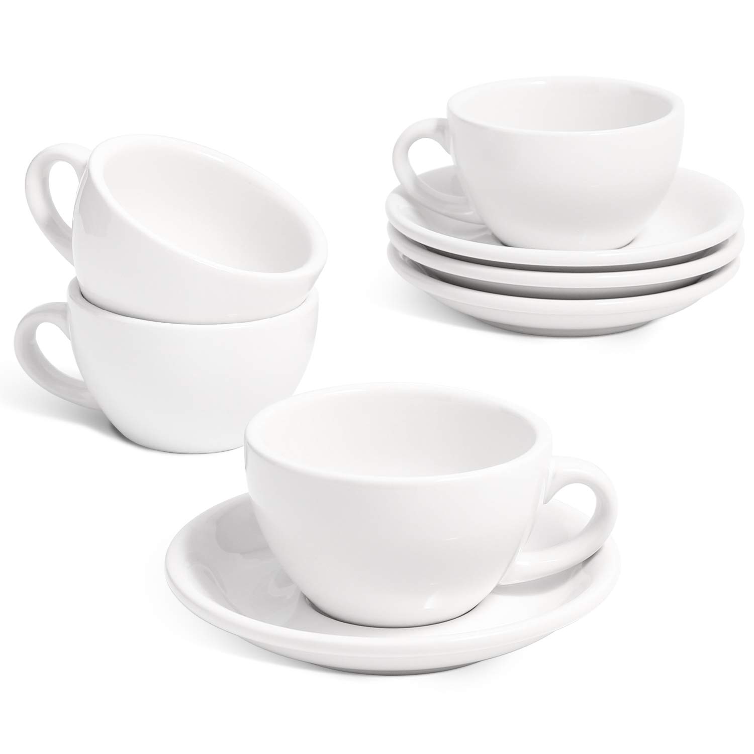 Photo 1 of LE TAUCI 6 oz Cappuccino Cups with Saucers, Ceramic Coffee Cup for Au Lait, Double shot, Latte, Cafe Mocha, Tea - Set of 4, White