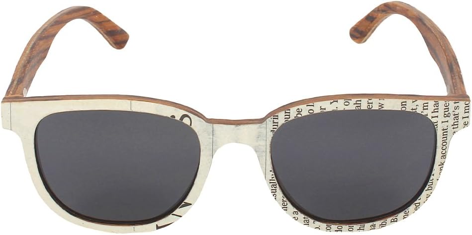 CaprioGrey & Off-White Newspaper Print Wooden Frame Unisex Oval Sunglasses