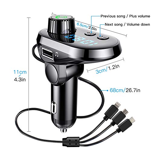 Bluetooth FM Transmitter Car Adapter, MANLI Car Charger MP3 Player, Bluetooth 5.0, with 3 Ports for iPhone, Android and Type C, 1 USB 5V/2.1A and TF Card Connection, Handsfree