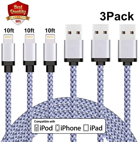 iPhone Charger Sundix Lightning to USB Cable 3Pack 10FT Nylon Braided Charging Cable Cord for iPhone X / 8 / 8 Plus / 7 / 7 Plus / 6 / 6s Plus / SE / 5s, iPad, iPod and More (White)