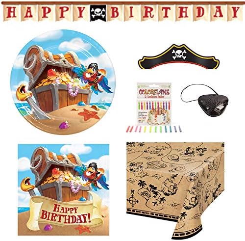 Olive Occasions Pirate Birthday Disposable Paper Party Supplies 16 Dessert Plates, 16 Lunch Napkins, Banner, 16 Pirate Hats, 16 Eye Patches, Candles, Table Cover