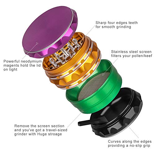 Herb Grinder, iRainy 2.5 Inches Spice Dry Herb Grinder with Pollen Catcher, 4 Pieces, Diamond Multicolor