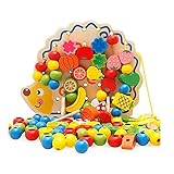 HLJgift Wooden Fruits and Vegetables Lacing & Stringing Beads Toys with Hedgehog Board for Above 3 Years Old Kids