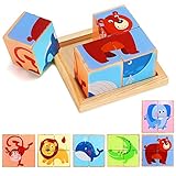 Lewo 6 in 1 Wooden Animal Block Puzzle Big Cube Elephant Monkey Fish Bear Lion Crocodile Patterns Blocks with Wood Storage Tray for Toddlers Boys Girls 2 3 4 Years Old (Cube Puzzle)
