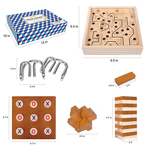 Offelec 5 in 1 Board Game with Wooden Brain Teaser Puzzles, Metal Brain