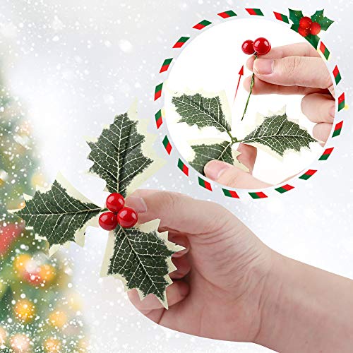 BigOtters Artificial Holly Berries with Green Leaves, 24PCS Gold and Red Holly Berry Flower with Leaves for Christmas Wreath Arrangement Cake Toppers Craft Wedding Party Home Gift Decorations