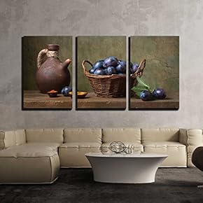 3 Piece Canvas Wall Art - Still Life with Black Plums in a Basket on The Table - Modern Home Art Stretched and Framed Ready to Hang - 16"x24"x3 Panels