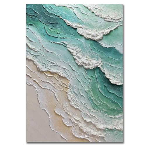 V-inspire Art,Abstract Seascape Oil Painting, 3D Textured Impasto Canvas Art, Teal Green and Sand,…