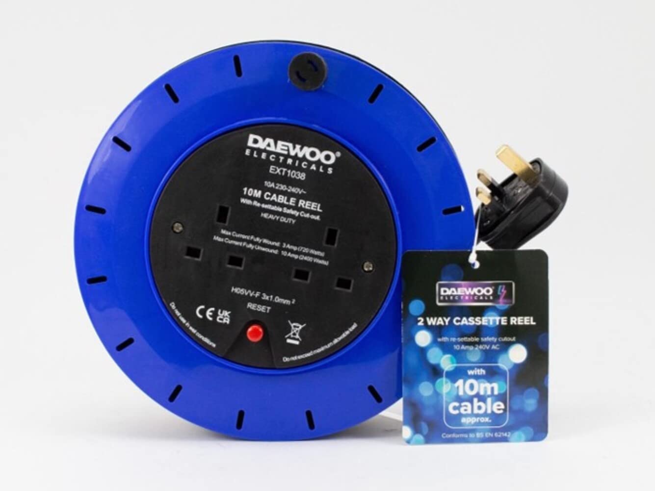DAEWOO EXT1038 2 Way UK 3Pin Plug 10amp Extension Reel with 10 Metre Heavy-Duty Winding Cable and Safety Cut Out Switch - Assorted colors