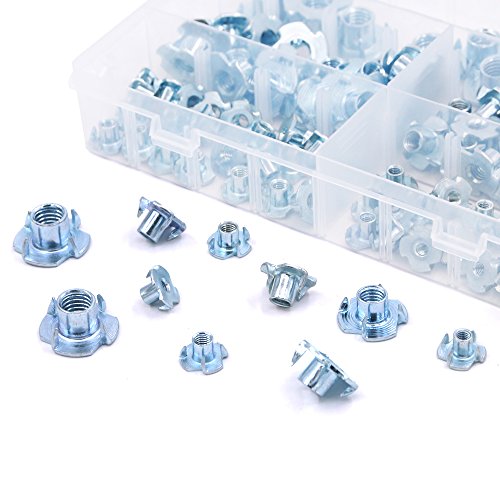 image for Hilitchi 105-Pcs M4 5 6 8 10 Zinc Plated Steel T-Nut 4 Pronged Tee Bli