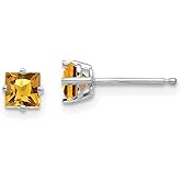 14k White Gold Stud Earrings for Women with Square Cut Yellow Citrine in Four Prong Setting, Real Gemstone Earrings for Daily Wear, November Birthstone, Lightweight Minimalist Fashion Studs 4mm