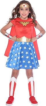 Amscan Wonder Woman Kids Costume DC Comics 6-8 Years Red Dress Cape Cuffs view 1
