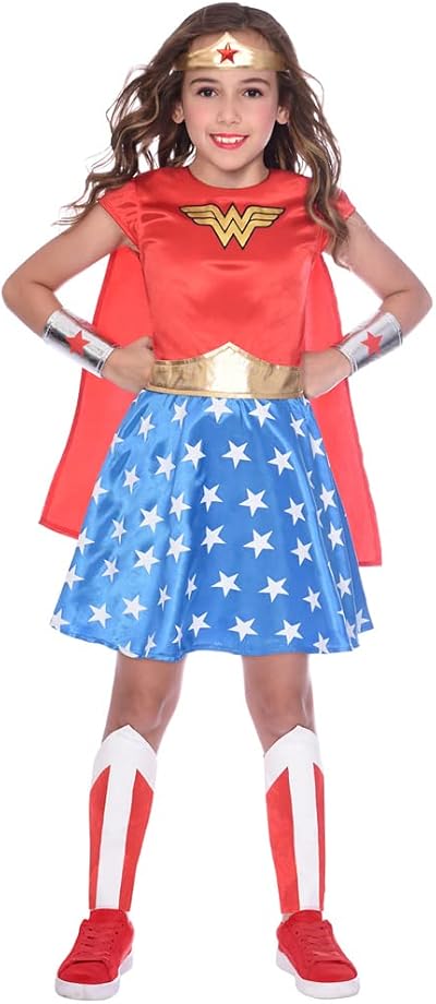 Amscan Wonder Woman Kids Costume DC Comics 6-8 Years Red Dress Cape Cuffs