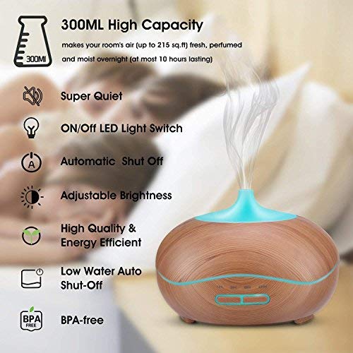 Cool Mist Ultrasonic Aroma Diffuser,7 Colour Changing LED Lights, Air Humidifier Wood Grain with Waterless Automatically Shut-off， for bedroom babyroom-WOOD …