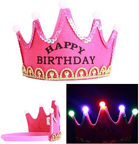 SeasonC LED Light Crown Party Hat Happy Birthday Printed Party Accessories HOT PINK