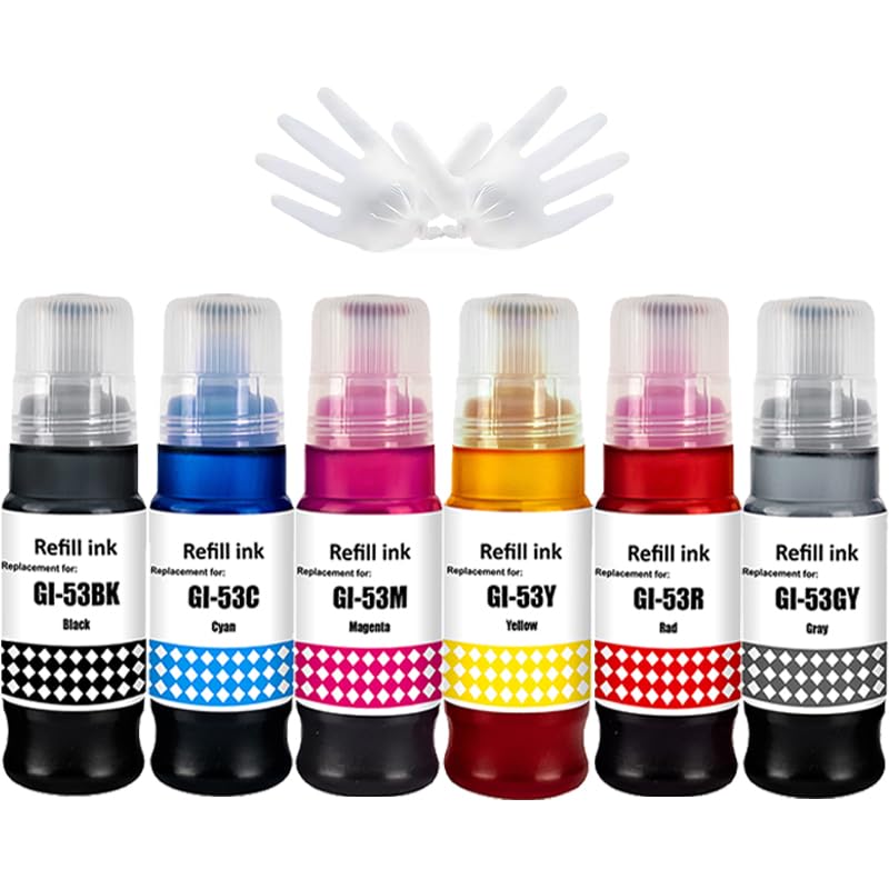 LCL Compatible Ink Bottle GI53 GI-53 BK GI-53BK GI-53C GI-53M GI-53Y GI-53R GI-53GY Replacement for Canon Pixma G550 G650 (6PK KCMYRGY)