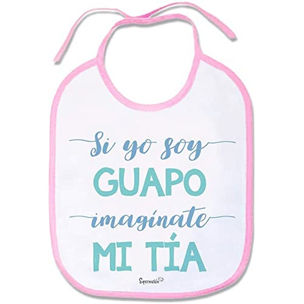 Supermolon 02581 –"Si Yo Soy Guapo, Imaginate Mi Auntie" Baby Bib with Laces, Pastel Pink, Unisex