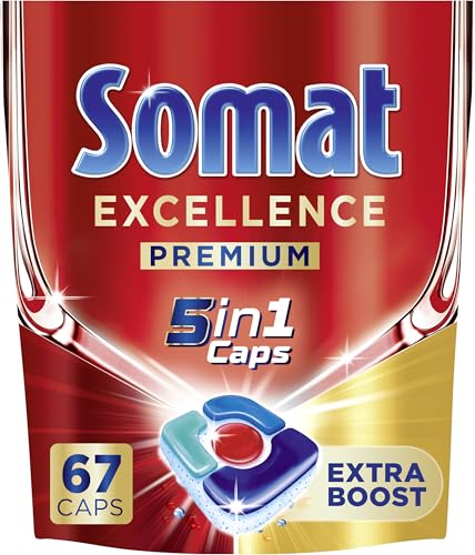 Somat Excellence Premium 5in1 Caps (67 Caps), schnellauflösende Spülmaschinentabs mit Extra Boost, Somat Caps entfernen selbst 72 h eingetrocknete, ha