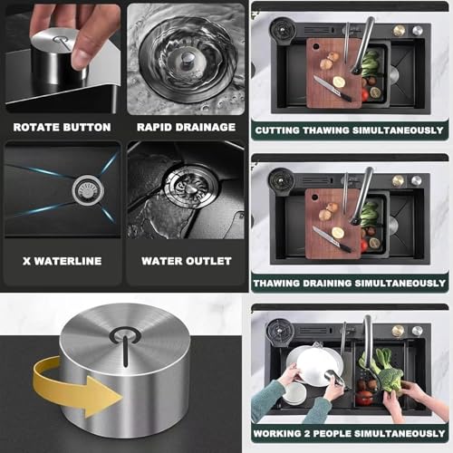 Stainless Steel Waterfall Kitchen Sink – Single Bowl with Thermostat Switch & Handwheel, 80×46×22cm