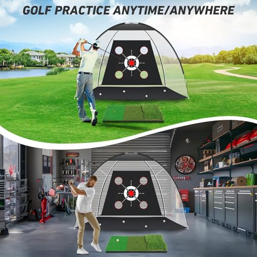 Golf Net with Practice Mat – 10x7FT Golf Hitting Net & Simulator for Home, Indoor/Outdoor Chipping and Driving Practice Set with Target, Balls – Great Gift for Men, Dad, Golfers