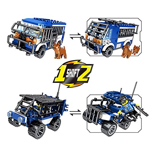 SNAEN 476PCS/4 in 1 Biochemical Police Building Blocks Set, Police Car/Bulldozer/Reconnaissance Vehicle/Anti-Explosion Truck. Includes Minifigures, Patrol Dogs and Toy Weapons, for Boys and Girls